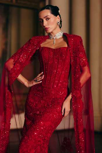 Shop_Mishru_Red Tulle Embroidery, Sequins Square Neck Gianna Corset Skirt Set _at_Aza_Fashions