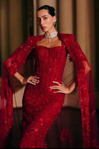 Shop_Mishru_Red Tulle Embroidery, Sequins Square Neck Gianna Corset Skirt Set 