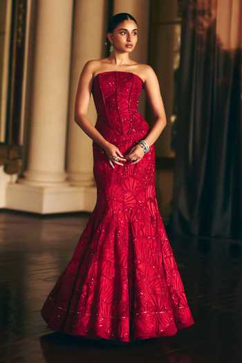 Mishru_Red Tulle Embroidery Malia Corset Skirt Set _Online_at_Aza_Fashions