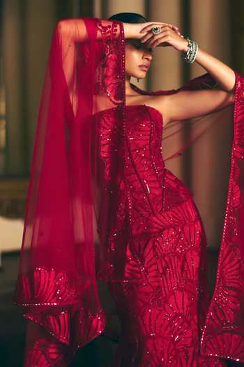 Buy_Mishru_Red Tulle Embroidery Malia Corset Skirt Set _Online_at_Aza_Fashions