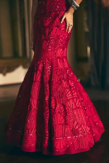 Shop_Mishru_Red Tulle Embroidery Malia Corset Skirt Set _Online_at_Aza_Fashions
