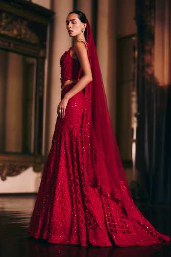 Shop_Mishru_Red Tulle Applique, Embroidery Sweetheart Neck Yasmin Lehenga Set _at_Aza_Fashions