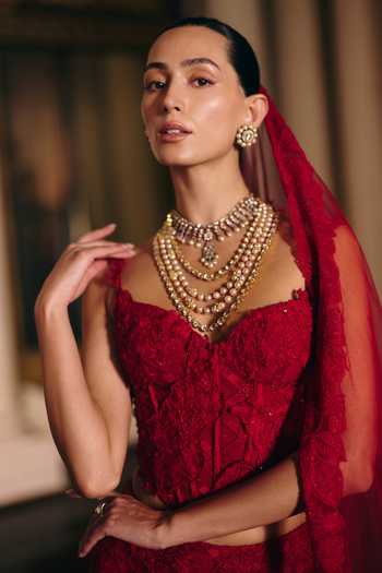 Buy_Mishru_Red Tulle Applique, Embroidery Sweetheart Neck Yasmin Lehenga Set _Online_at_Aza_Fashions