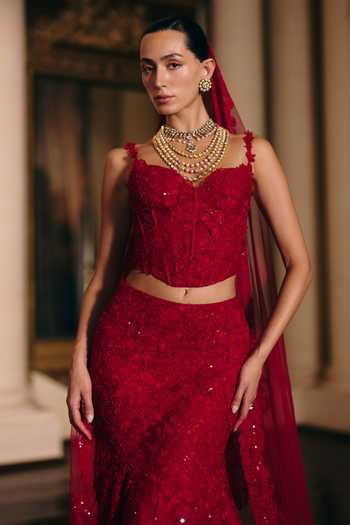 Shop_Mishru_Red Tulle Applique, Embroidery Sweetheart Neck Yasmin Lehenga Set _Online_at_Aza_Fashions