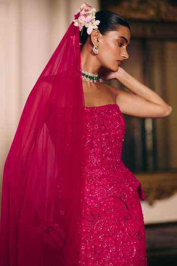 Mishru_Pink Tulle Rheia Embroidered Corset Skirt Set _Online_at_Aza_Fashions