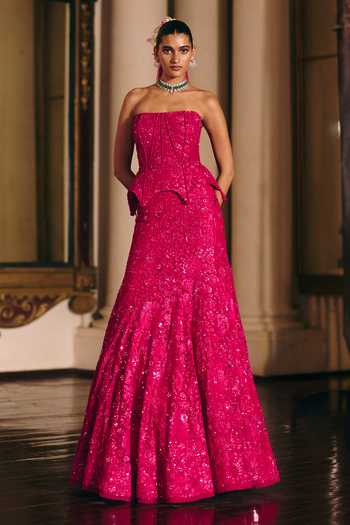 Shop_Mishru_Pink Tulle Rheia Embroidered Corset Skirt Set _at_Aza_Fashions