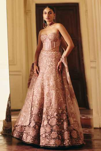 Buy_Mishru_Rose Gold Tulle Embroidery, Sequins Sweetheart Neck Safiya Corset Lehenga Set _at_Aza_Fashions