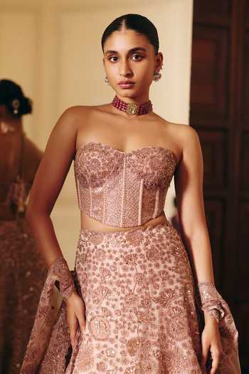 Shop_Mishru_Rose Gold Tulle Embroidery, Sequins Sweetheart Neck Safiya Corset Lehenga Set _at_Aza_Fashions