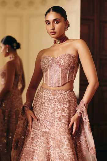 Mishru_Rose Gold Tulle Embroidery, Sequins Sweetheart Neck Safiya Corset Lehenga Set _Online_at_Aza_Fashions