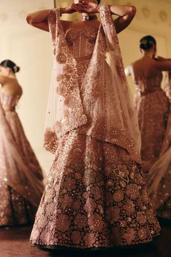 Buy_Mishru_Rose Gold Tulle Embroidery, Sequins Sweetheart Neck Safiya Corset Lehenga Set _Online_at_Aza_Fashions