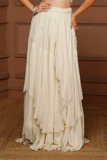 Buy_Kanj By Priyanka A Sakhuja_Off White Silk, Georgette Embroidery Halter Neck Marghi Hand Lehenga Set _Online_at_Aza_Fashions