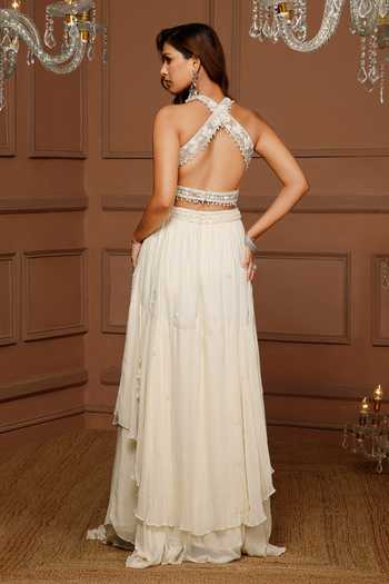 Kanj By Priyanka A Sakhuja_Off White Silk, Georgette Embroidery Halter Neck Marghi Hand Lehenga Set _Online_at_Aza_Fashions