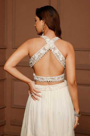Shop_Kanj By Priyanka A Sakhuja_Off White Silk, Georgette Embroidery Halter Neck Marghi Hand Lehenga Set _Online_at_Aza_Fashions