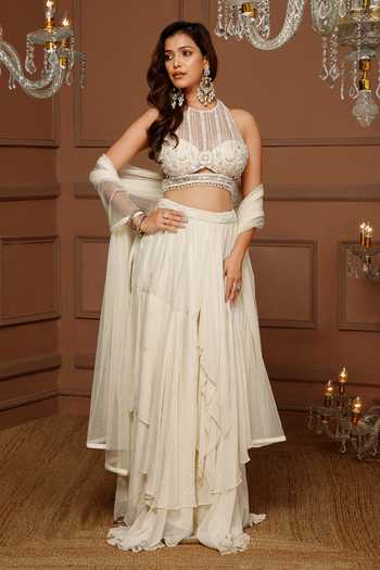 Buy_Kanj By Priyanka A Sakhuja_Off White Silk, Georgette Embroidery Halter Neck Marghi Hand Lehenga Set _at_Aza_Fashions