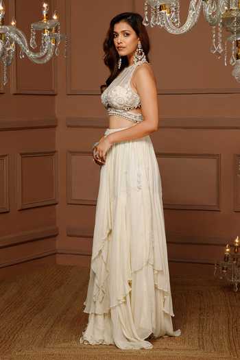 Buy_Kanj By Priyanka A Sakhuja_Off White Silk, Georgette Embroidery Halter Neck Marghi Hand Lehenga Set 