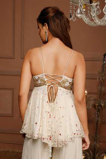 Buy_Kanj By Priyanka A Sakhuja_Off White Silk, Chiffon Embroidery, Sequins, Zari Hand Kurta And Pant Set _Online_at_Aza_Fashions