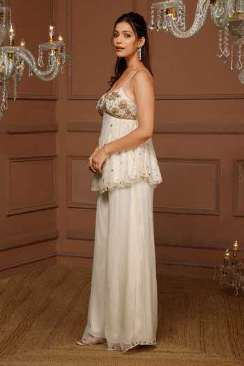 Shop_Kanj By Priyanka A Sakhuja_Off White Silk, Chiffon Embroidery, Sequins, Zari Hand Kurta And Pant Set _Online_at_Aza_Fashions