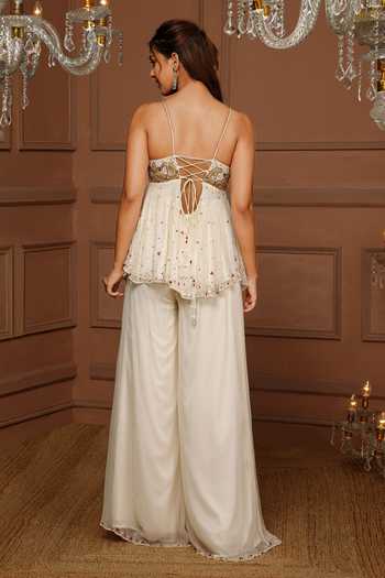 Kanj By Priyanka A Sakhuja_Off White Silk, Chiffon Embroidery, Sequins, Zari Hand Kurta And Pant Set _Online_at_Aza_Fashions