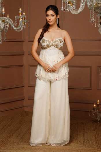Buy_Kanj By Priyanka A Sakhuja_Off White Silk, Chiffon Embroidery, Sequins, Zari Hand Kurta And Pant Set _at_Aza_Fashions