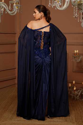 Kanj By Priyanka A Sakhuja_Blue Silk, Georgette Sequins, Crystals Rey Hand Embroidered Corset Skirt Set _Online_at_Aza_Fashions