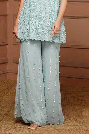 Buy_Kanj By Priyanka A Sakhuja_Blue Silk, Georgette Embroidery, Sequins Scoop Shane Hand Top And Palazzo Set _Online_at_Aza_Fashions