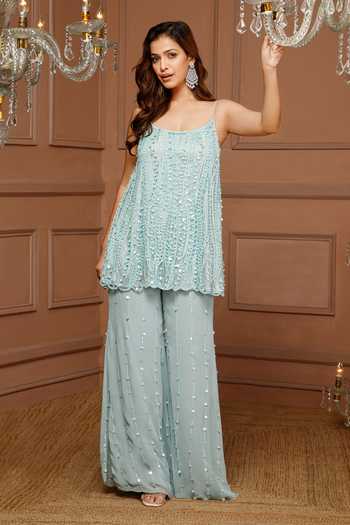Shop_Kanj By Priyanka A Sakhuja_Blue Silk, Georgette Embroidery, Sequins Scoop Shane Hand Top And Palazzo Set _Online_at_Aza_Fashions