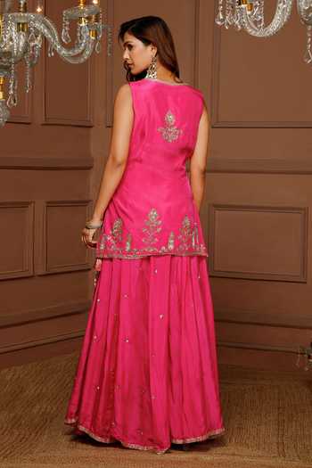 Kanj By Priyanka A Sakhuja_Pink Silk Embroidery, Zari V-neck Shyamilli Angarkha Sharara Set _Online_at_Aza_Fashions