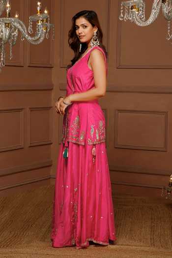 Buy_Kanj By Priyanka A Sakhuja_Pink Silk Embroidery, Zari V-neck Shyamilli Angarkha Sharara Set _Online_at_Aza_Fashions