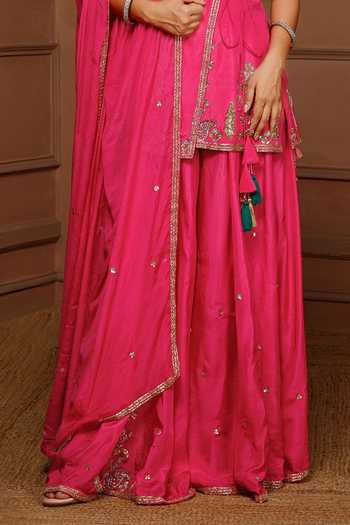 Kanj By Priyanka A Sakhuja_Pink Silk Embroidery, Zari V-neck Shyamilli Angarkha Sharara Set _at_Aza_Fashions