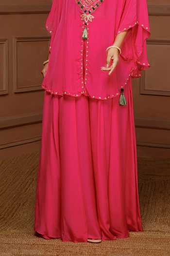 Buy_Kanj By Priyanka A Sakhuja_Pink Silk, Chiffon Embroidery, Tassels Scoop Yamna Hand Kaftan And Sharara Set _Online_at_Aza_Fashions