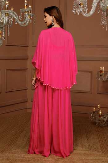 Kanj By Priyanka A Sakhuja_Pink Silk, Chiffon Embroidery, Tassels Scoop Yamna Hand Kaftan And Sharara Set _Online_at_Aza_Fashions