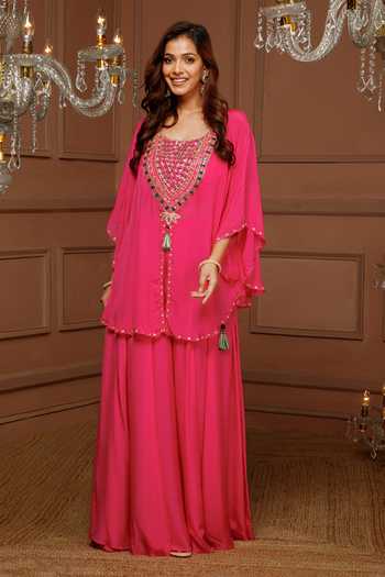 Kanj By Priyanka A Sakhuja_Pink Silk, Chiffon Embroidery, Tassels Scoop Yamna Hand Kaftan And Sharara Set _at_Aza_Fashions