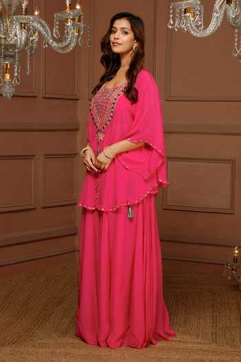 Buy_Kanj By Priyanka A Sakhuja_Pink Silk, Chiffon Embroidery, Tassels Scoop Yamna Hand Kaftan And Sharara Set 
