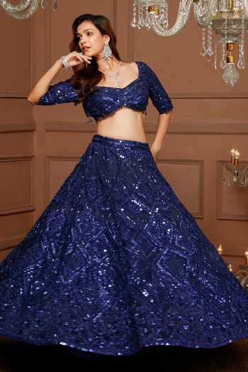 Shop_Kanj By Priyanka A Sakhuja_Blue Tulle Sequins, Mirrors Sweetheart Neck Diana Hand Embroidered Lehenga Set _Online_at_Aza_Fashions