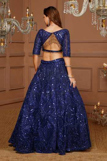 Kanj By Priyanka A Sakhuja_Blue Tulle Sequins, Mirrors Sweetheart Neck Diana Hand Embroidered Lehenga Set _at_Aza_Fashions