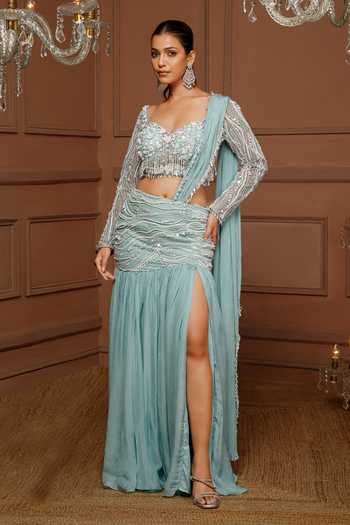 Buy_Kanj By Priyanka A Sakhuja_Blue Georgette, Satin Pearls, Leehan Hand Embroidered Pre-draped Saree Set _at_Aza_Fashions