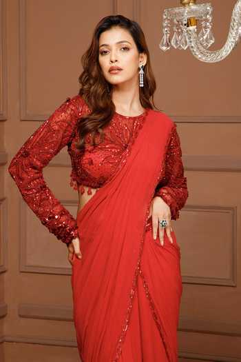 Buy_Kanj By Priyanka A Sakhuja_Red Georgette, Satin Crystals, Lihana Embroidered Pre-draped Saree And Blouse Set _Online_at_Aza_Fashions