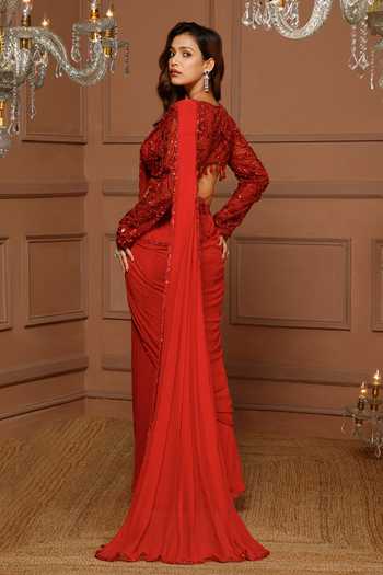 Kanj By Priyanka A Sakhuja_Red Georgette, Satin Crystals, Lihana Embroidered Pre-draped Saree And Blouse Set _at_Aza_Fashions