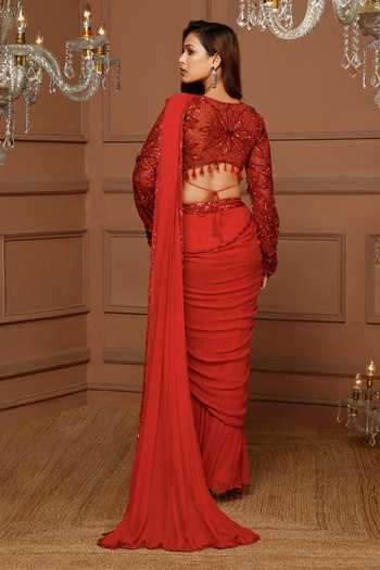 Kanj By Priyanka A Sakhuja_Red Georgette, Satin Crystals, Lihana Embroidered Pre-draped Saree And Blouse Set _Online_at_Aza_Fashions