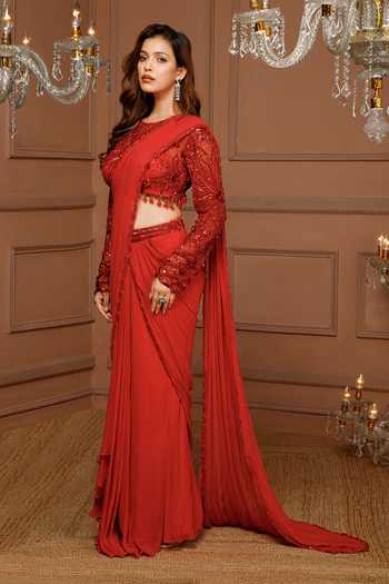 Buy_Kanj By Priyanka A Sakhuja_Red Georgette, Satin Crystals, Lihana Embroidered Pre-draped Saree And Blouse Set 