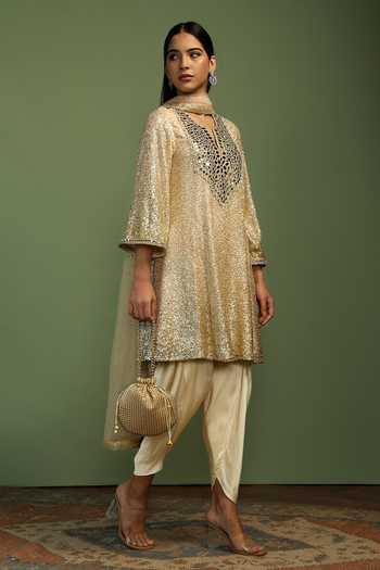 Mustard Moon By Neyha And Vrinda_Gold Georgette, Satin, Net Sequins, Mirrors Haseena Shimmer Finish Kurta Set _Online_at_Aza_Fashions