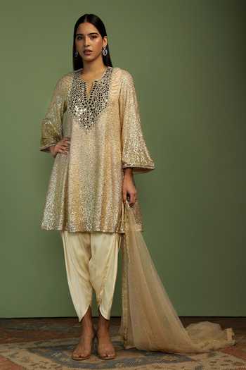 Buy_Mustard Moon By Neyha And Vrinda_Gold Georgette, Satin, Net Sequins, Mirrors Haseena Shimmer Finish Kurta Set _Online_at_Aza_Fashions