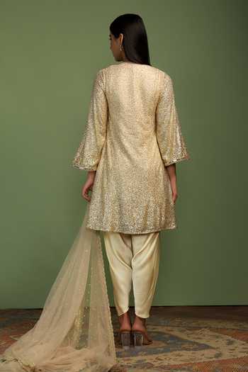 Shop_Mustard Moon By Neyha And Vrinda_Gold Georgette, Satin, Net Sequins, Mirrors Haseena Shimmer Finish Kurta Set _at_Aza_Fashions