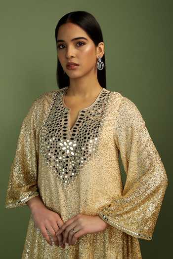 Shop_Mustard Moon By Neyha And Vrinda_Gold Georgette, Satin, Net Sequins, Mirrors Haseena Shimmer Finish Kurta Set _Online_at_Aza_Fashions