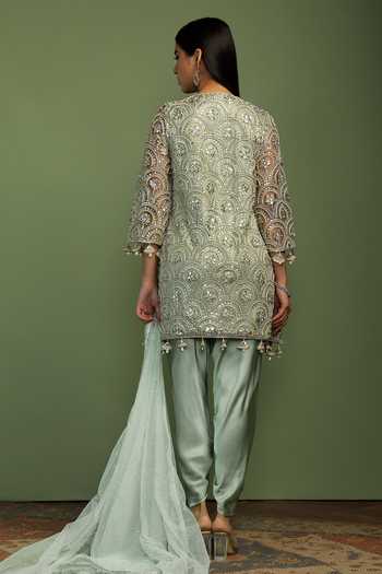 Shop_Mustard Moon By Neyha And Vrinda_Mint Net, Satin Sequins, Pearls, Mirrors, Sofia Scallop Embroidered Kurta Set _at_Aza_Fashions