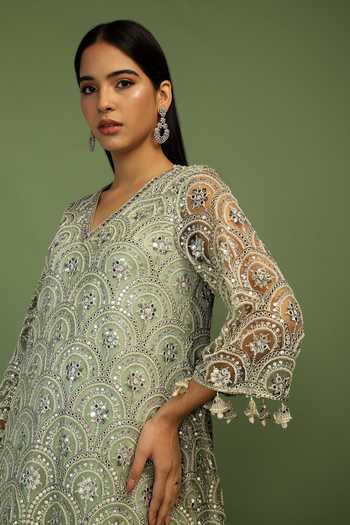 Buy_Mustard Moon By Neyha And Vrinda_Mint Net, Satin Sequins, Pearls, Mirrors, Sofia Scallop Embroidered Kurta Set _Online_at_Aza_Fashions