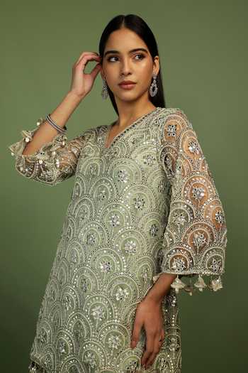 Shop_Mustard Moon By Neyha And Vrinda_Mint Net, Satin Sequins, Pearls, Mirrors, Sofia Scallop Embroidered Kurta Set _Online_at_Aza_Fashions