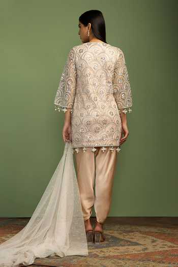 Shop_Mustard Moon By Neyha And Vrinda_Pink Net, Satin Sequins, Pearls, Mirrors, Sofia Jaal Embroidered Kurta Set _at_Aza_Fashions