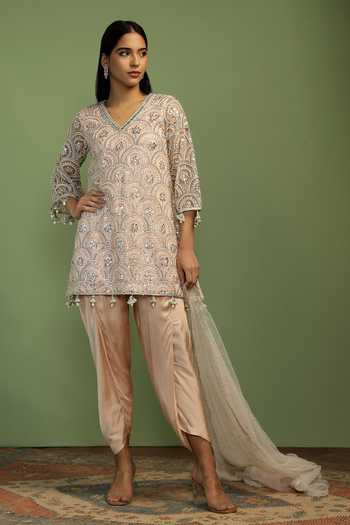 Mustard Moon By Neyha And Vrinda_Pink Net, Satin Sequins, Pearls, Mirrors, Sofia Jaal Embroidered Kurta Set _Online_at_Aza_Fashions