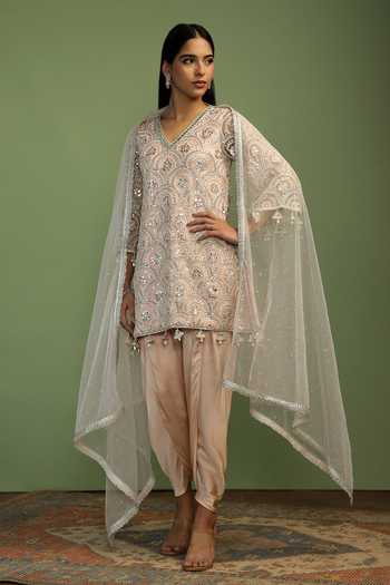 Buy_Mustard Moon By Neyha And Vrinda_Pink Net, Satin Sequins, Pearls, Mirrors, Sofia Jaal Embroidered Kurta Set _at_Aza_Fashions